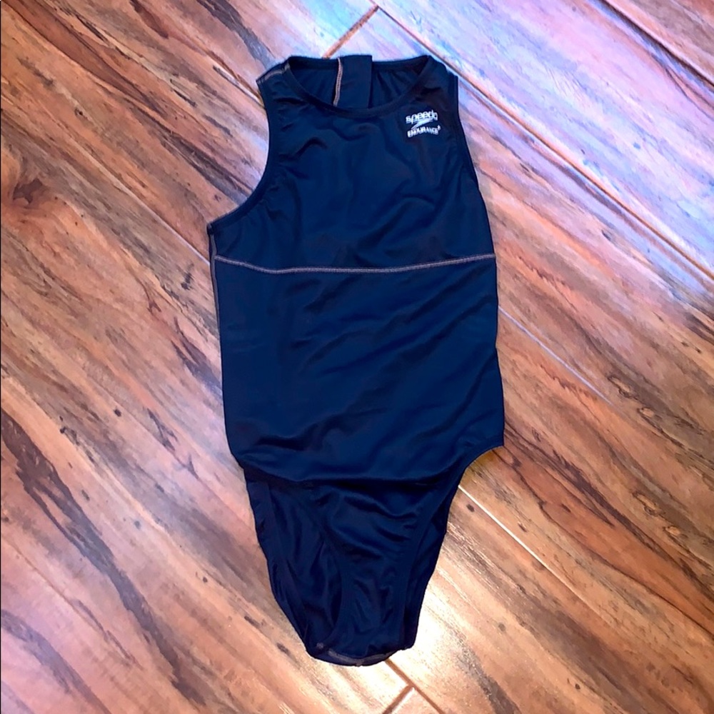 Blue speedo endurance water polo suit.